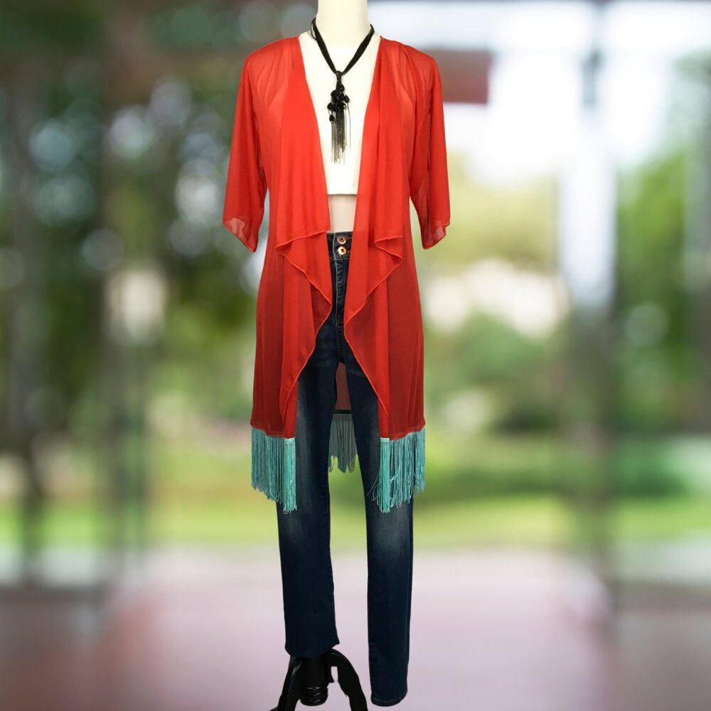 LuLaRoe Monroe Kimono – Bold Sunset Fringe